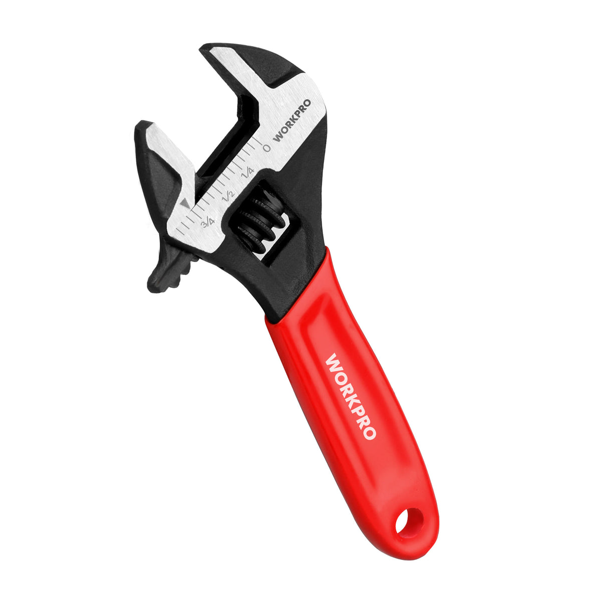 Workpro 4 inch mini adjustable wrench with wide jaw, red handle, and dual SAE and metric measurement scales.
