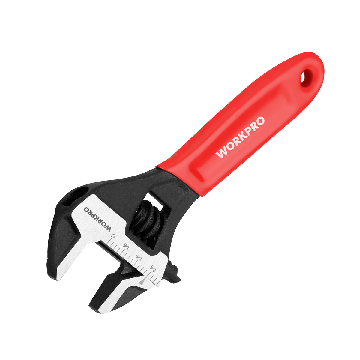Workpro 4 inch mini adjustable wrench with a red handle and dual SAE and metric measurement scales.