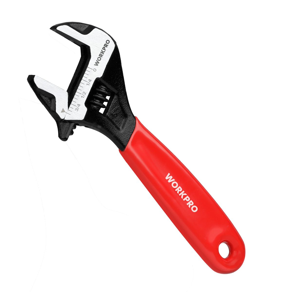 Workpro 6 inch compact adjustable wrench in red with laser-etched SAE and metric scales for household maintenance.