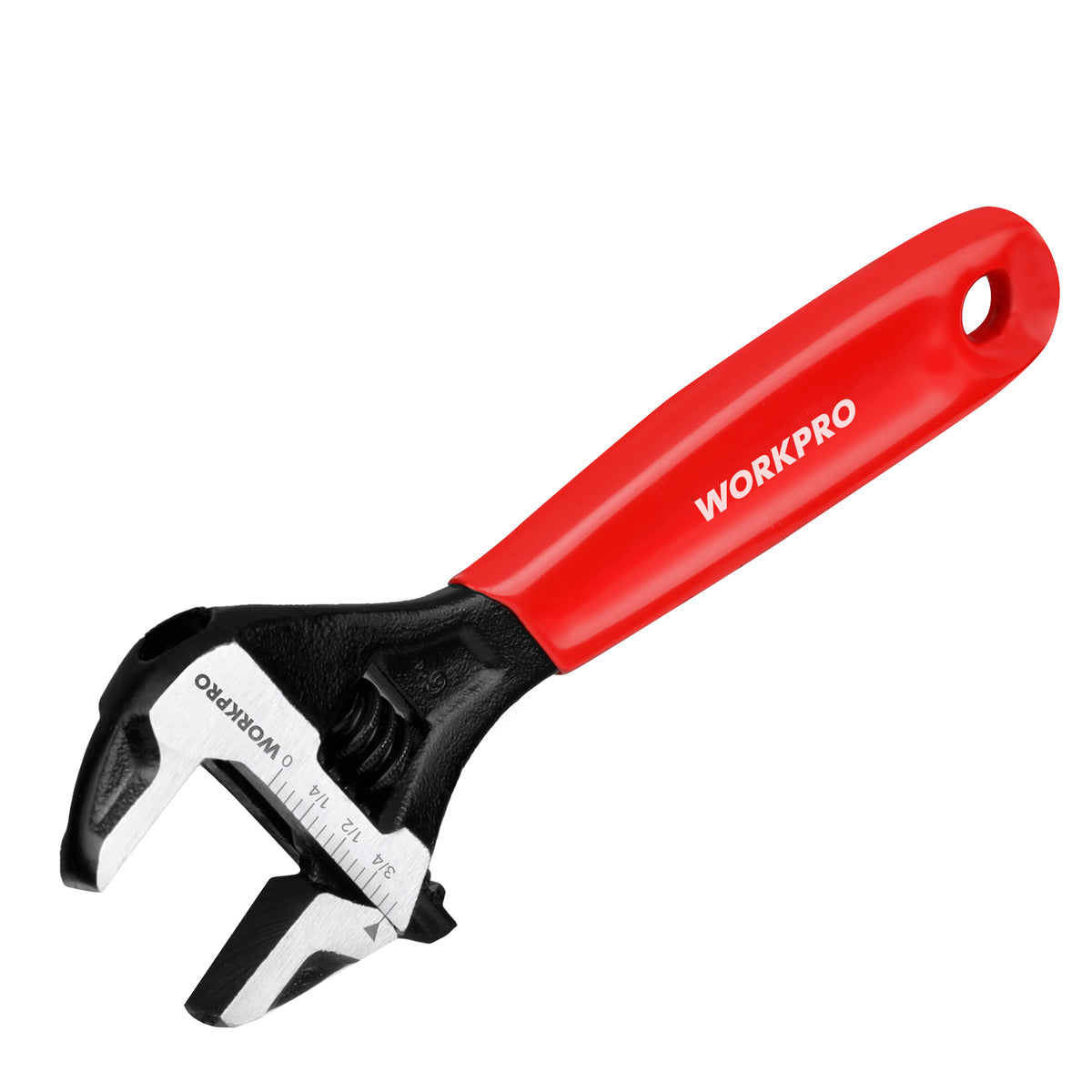 Workpro 6 inch compact adjustable wrench with red handle and laser-etched SAE and metric scales