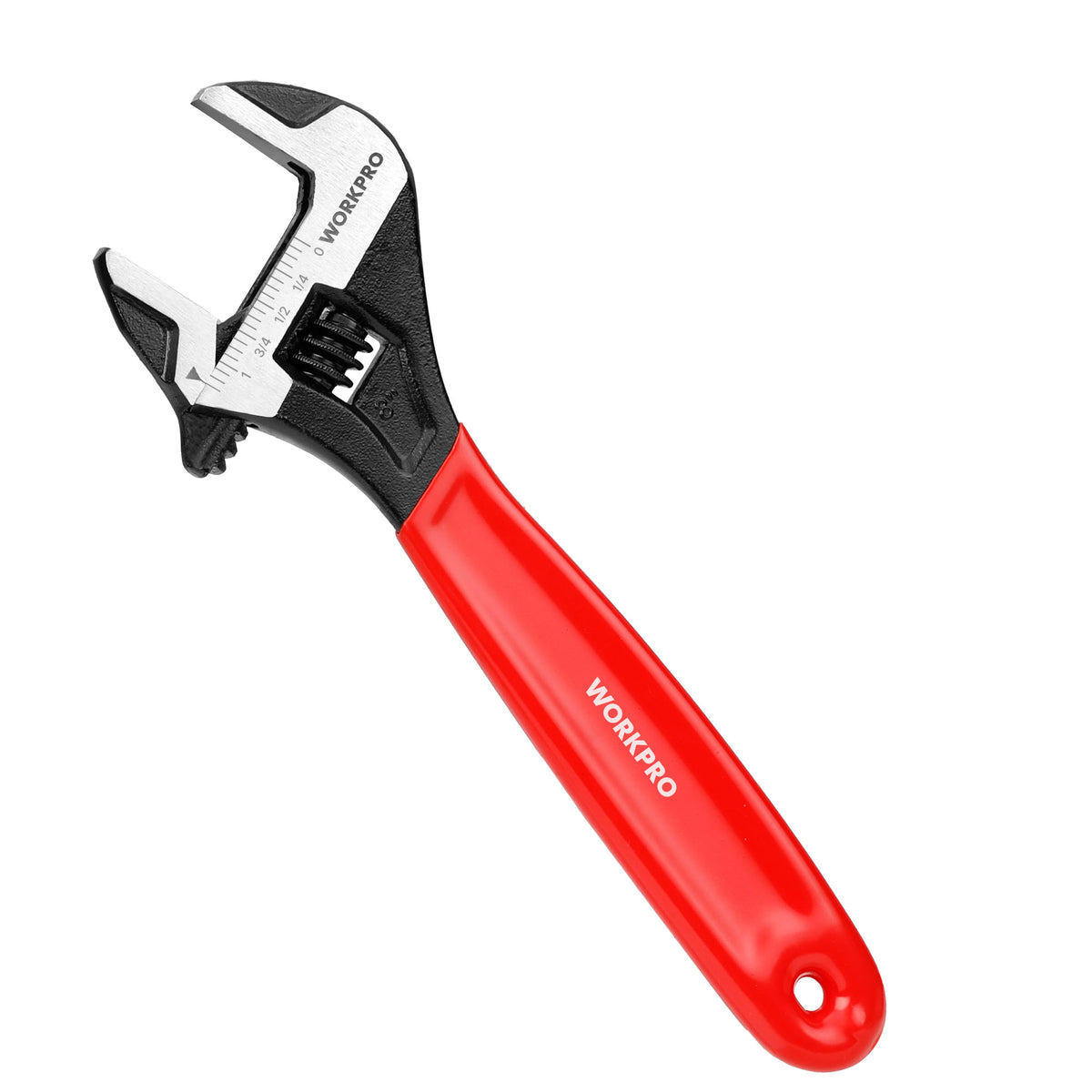 Workpro 8 inch adjustable wrench in red with knurled adjustment wheel and hanging hole for general repairs.