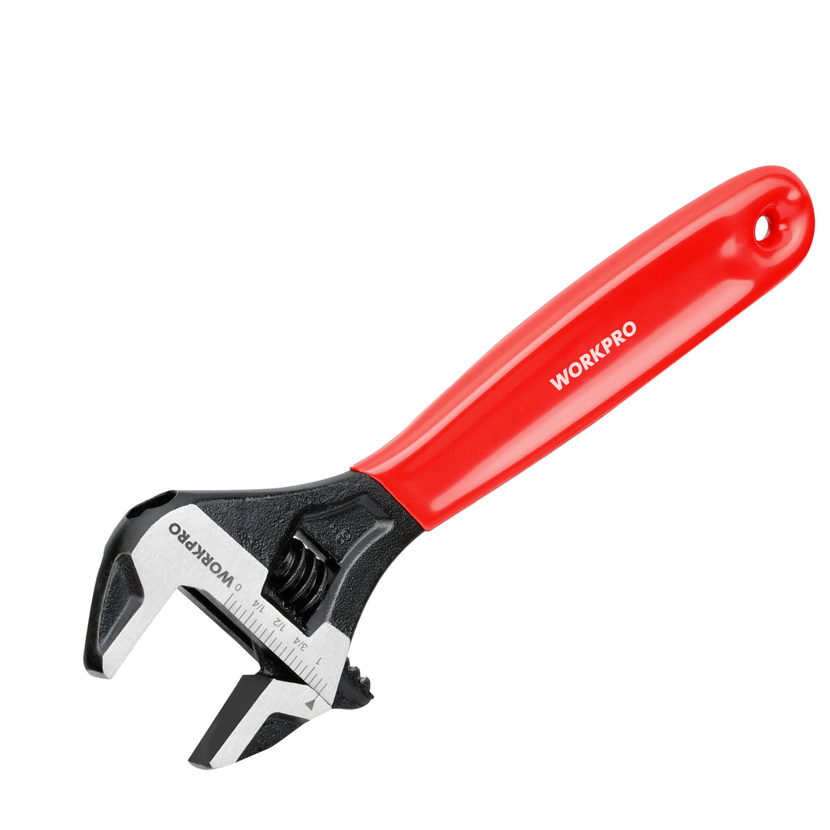 Workpro 8 inch adjustable wrench with a red handle, black head, and laser etched SAE and metric scales