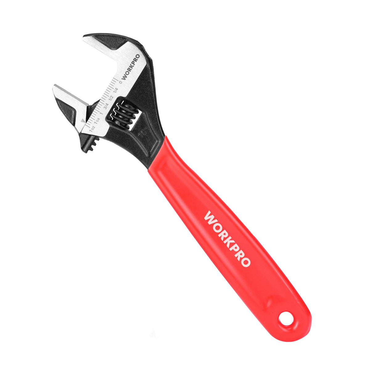 Workpro 10 inch adjustable wrench with a red handle and 1-5/16 inch maximum jaw opening for home repairs.
