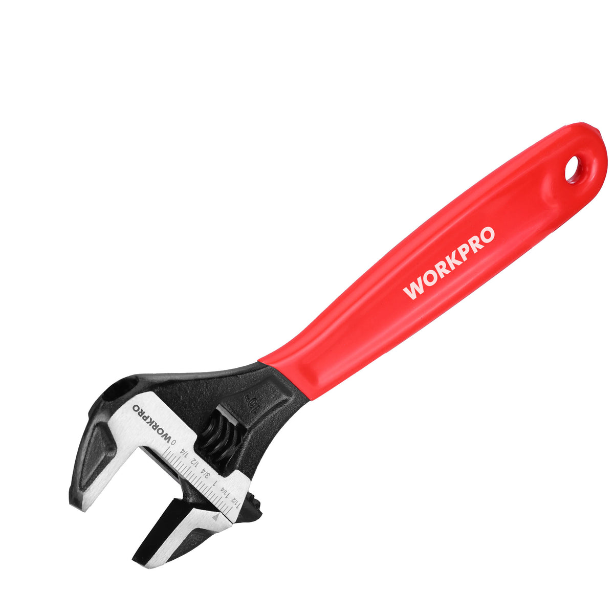 Workpro 10 inch adjustable wrench with red handle and laser etched SAE and metric scales for plumbing repairs