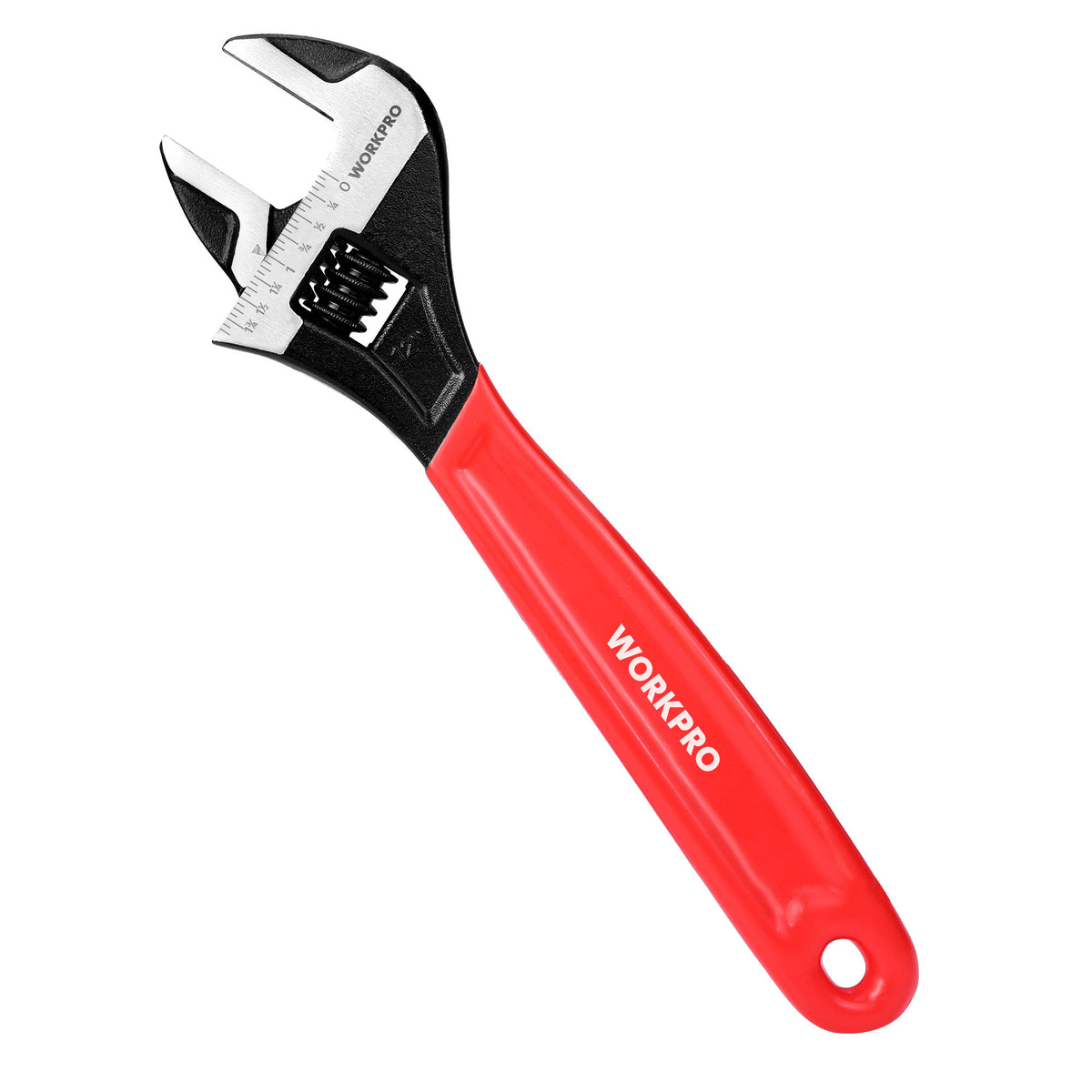 Workpro 12 inch wide jaw adjustable wrench in red with laser-etched SAE and metric scales for general repairs.