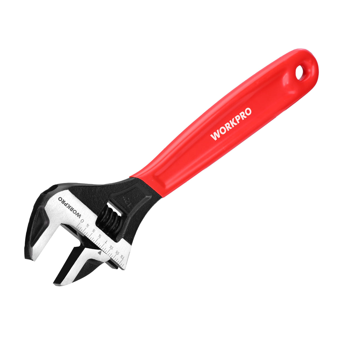 Workpro 12 inch adjustable wrench with wide jaw, red handle and laser-etched SAE and metric scales