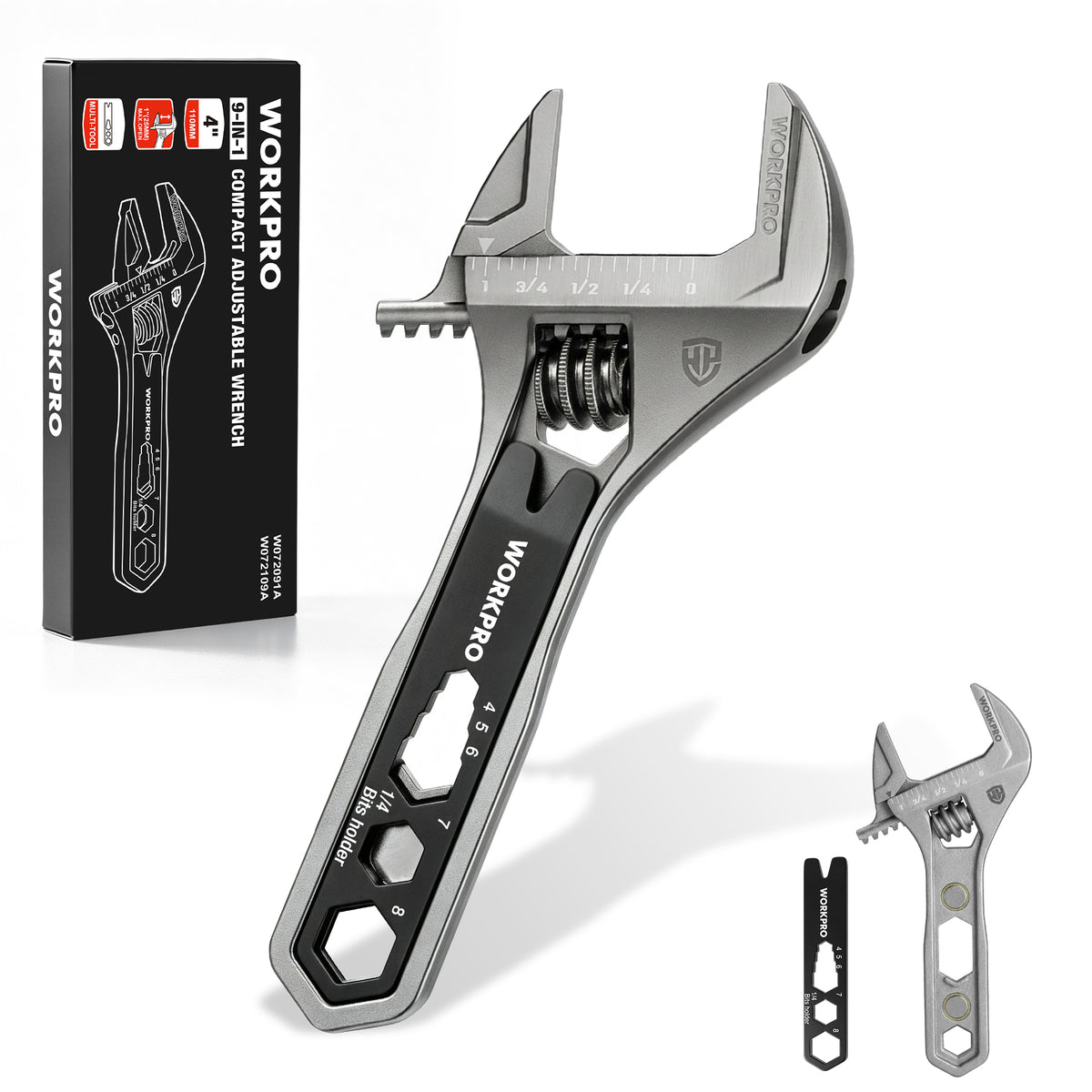 Workpro 4 inch adjustable wrench with wide jaw opening in gray and black for home improvement and workshop repairs.