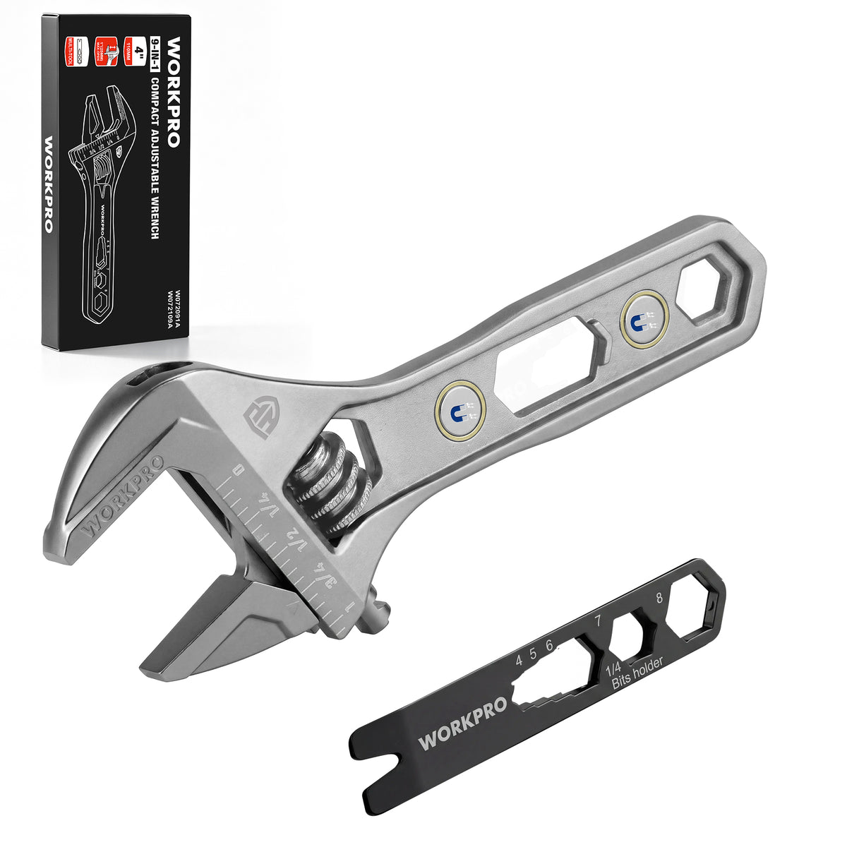 Workpro adjustable wrench with wide jaw opening, silver finish, and dual integrated magnets for screws and bits.
