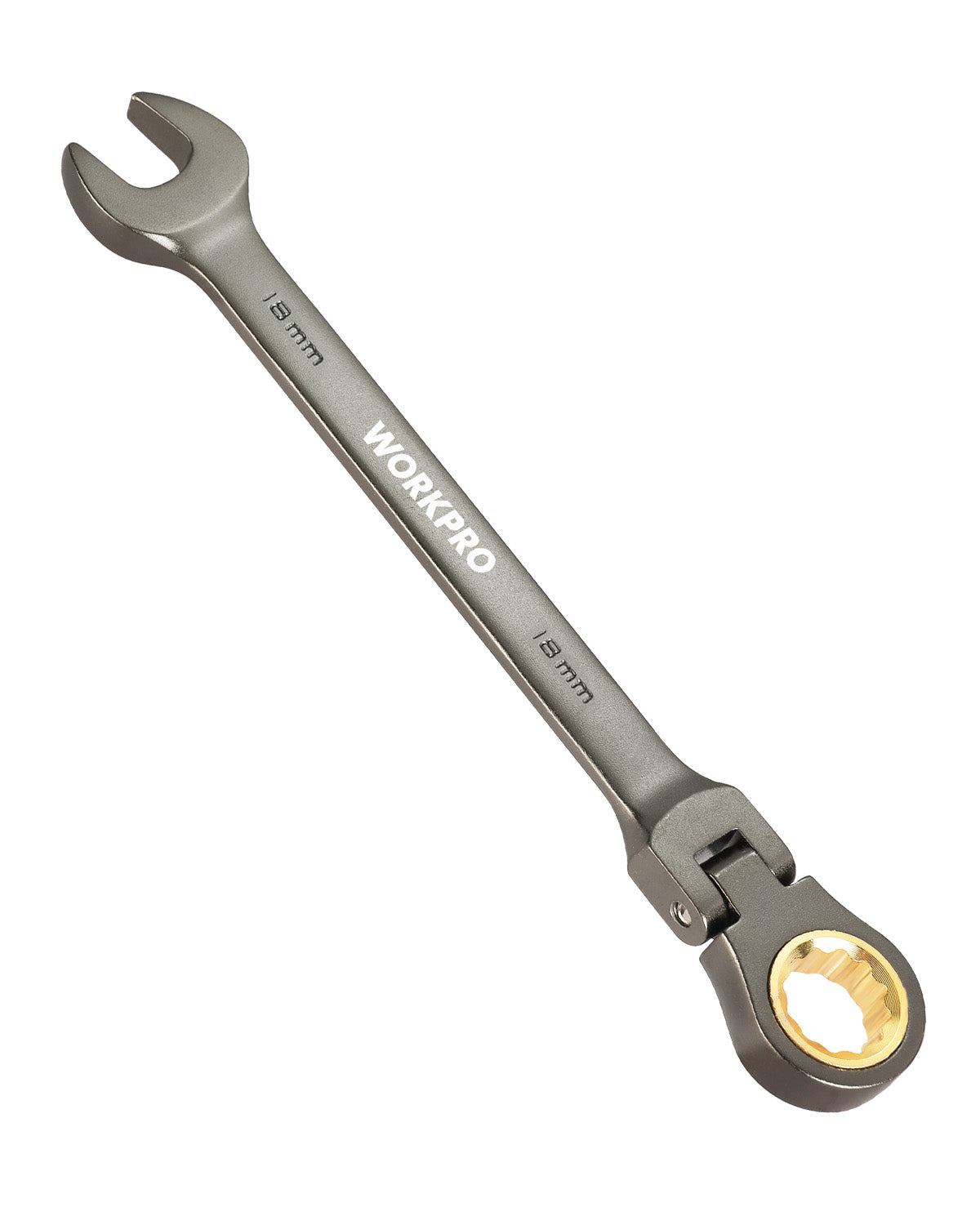 Workpro 18 mm flex-head ratcheting combination wrench in silver with a 180-degree pivoting box end for tight spaces.