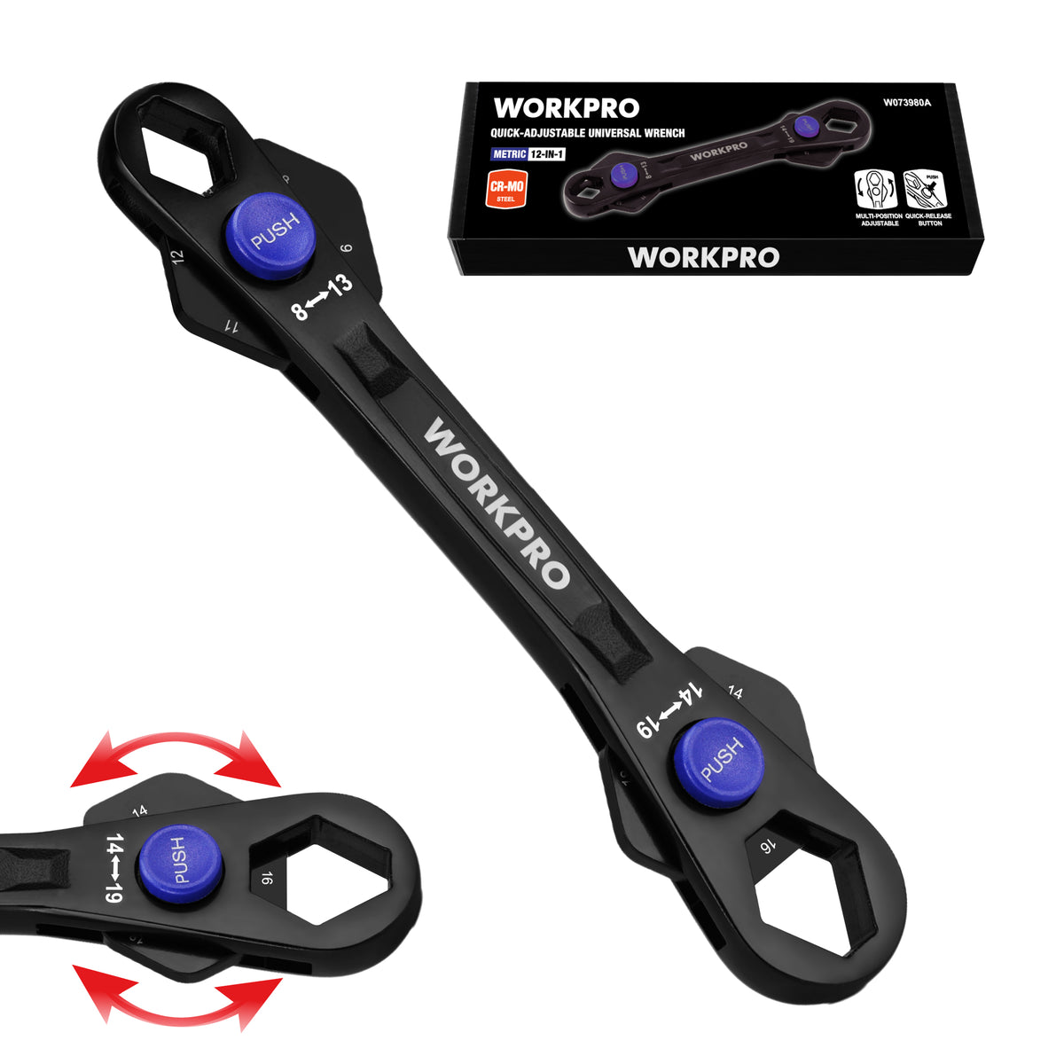 Workpro 12-in-1 universal wrench in black with dual heads and quick button size switching for repairs.