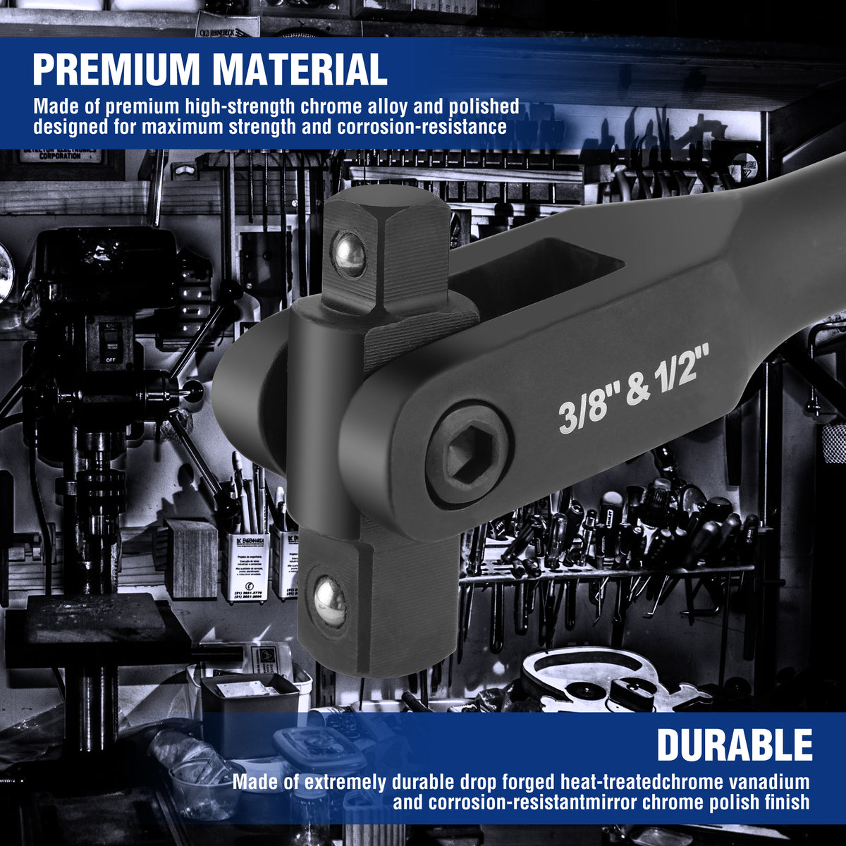 Breaker bar head with dual drive ends marked 3/8 in and 1/2 in