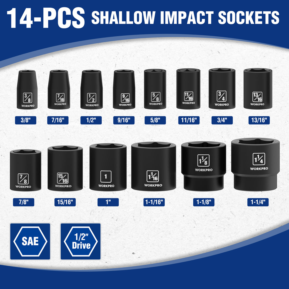 Black shallow impact sockets, 6-point 1/2 in drive, assorted SAE sizes