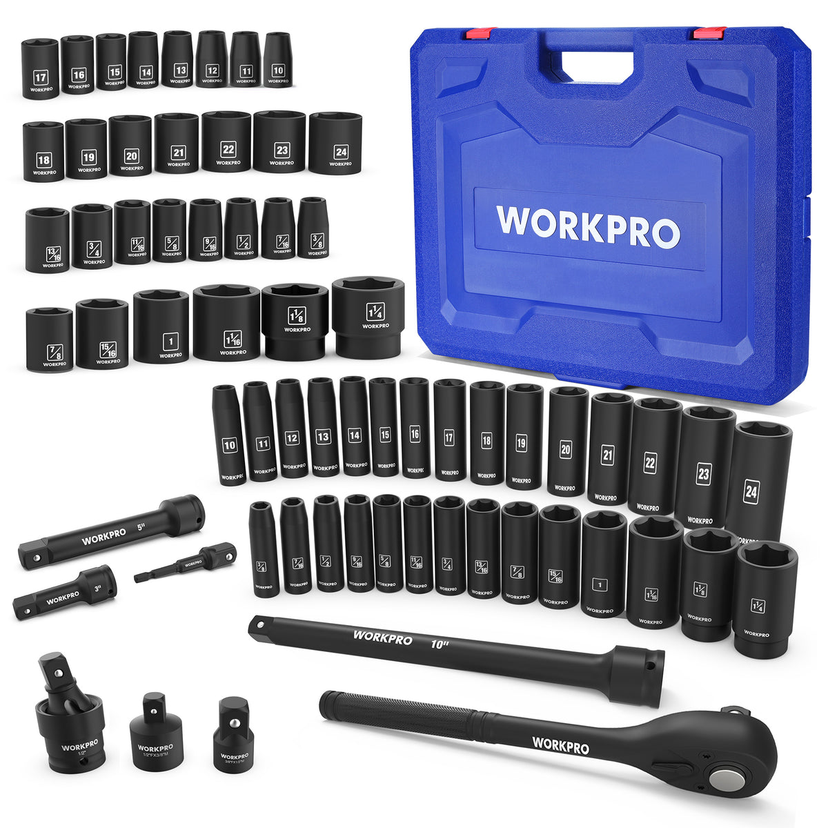 Workpro 65-piece 1/2 inch drive socket and ratchet set with chrome vanadium steel sockets and blue protective case.
