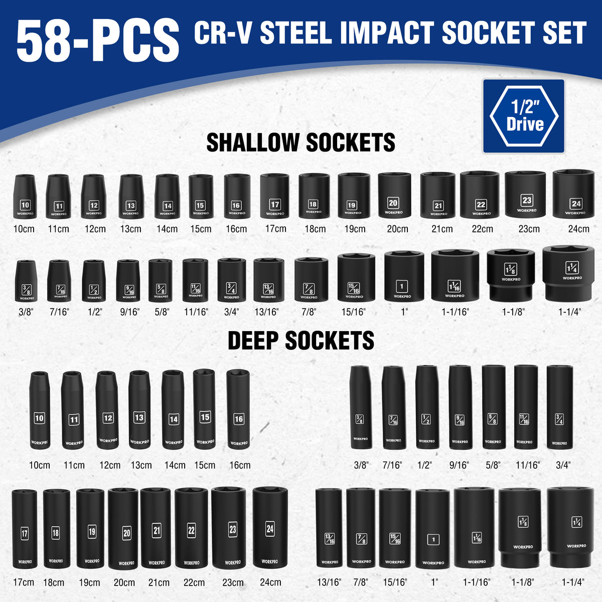 58-pc CR-V steel impact socket set chart with shallow and deep black sockets