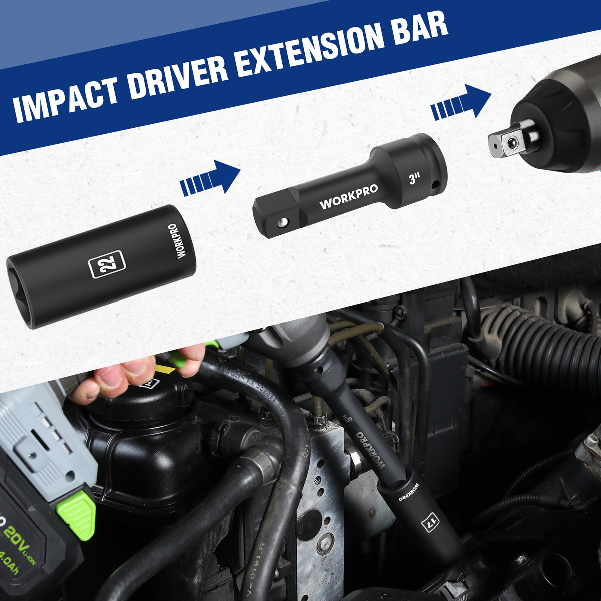 Impact driver extension bar, black 3-inch tool with socket adapter in use