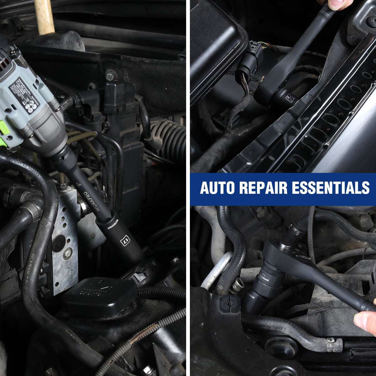 Automotive engine bay with impact socket tools and extension bar in tight space