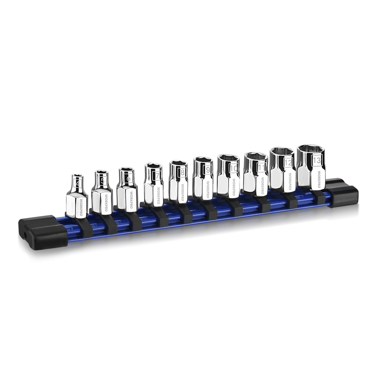 1/4 in drive metric socket set on a blue rail with chrome sockets in 4mm–13mm range