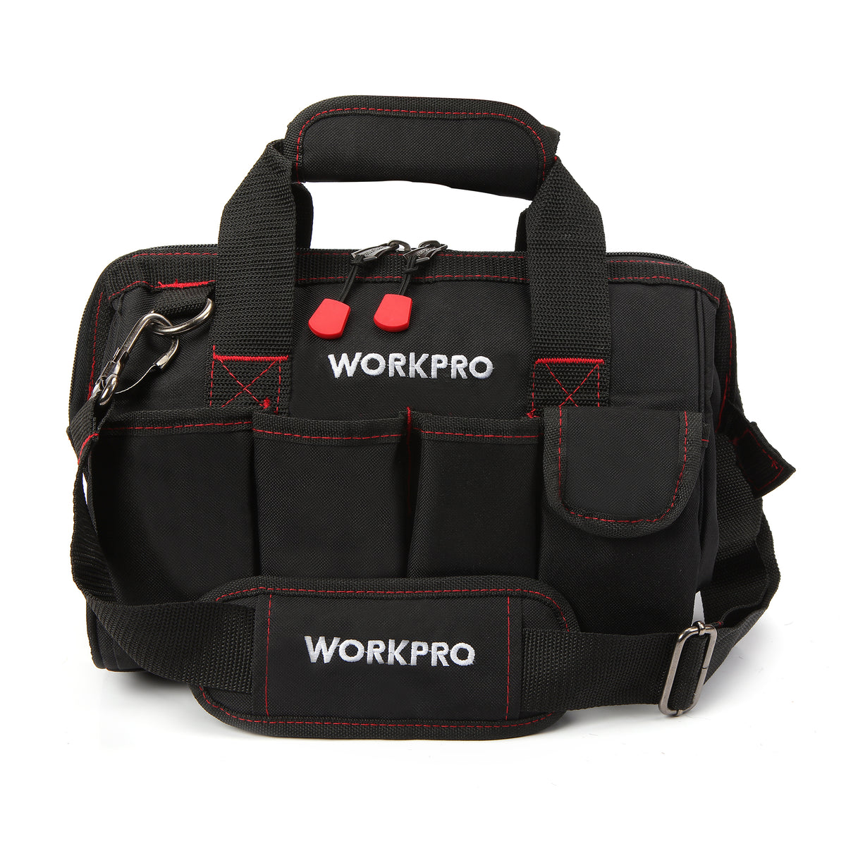 Workpro 12 inch close top wide mouth storage tool bag in black with red stitching and seven exterior pockets.