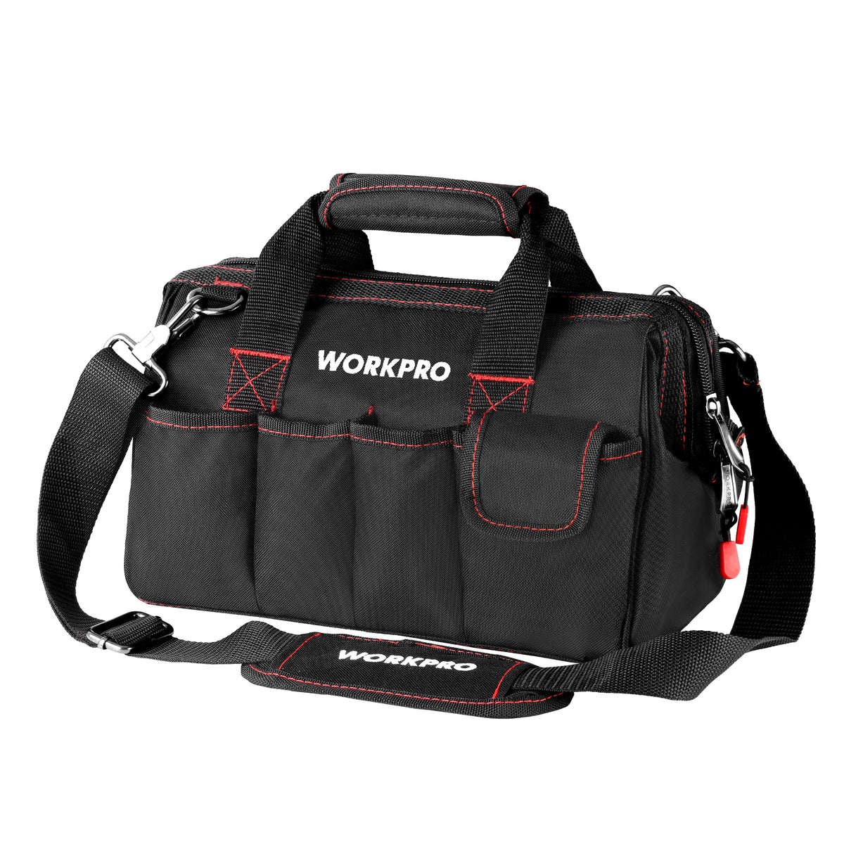 Workpro 12 inch close top wide mouth storage tool bag in black with double 500D polyester fabric and seven exterior pockets.