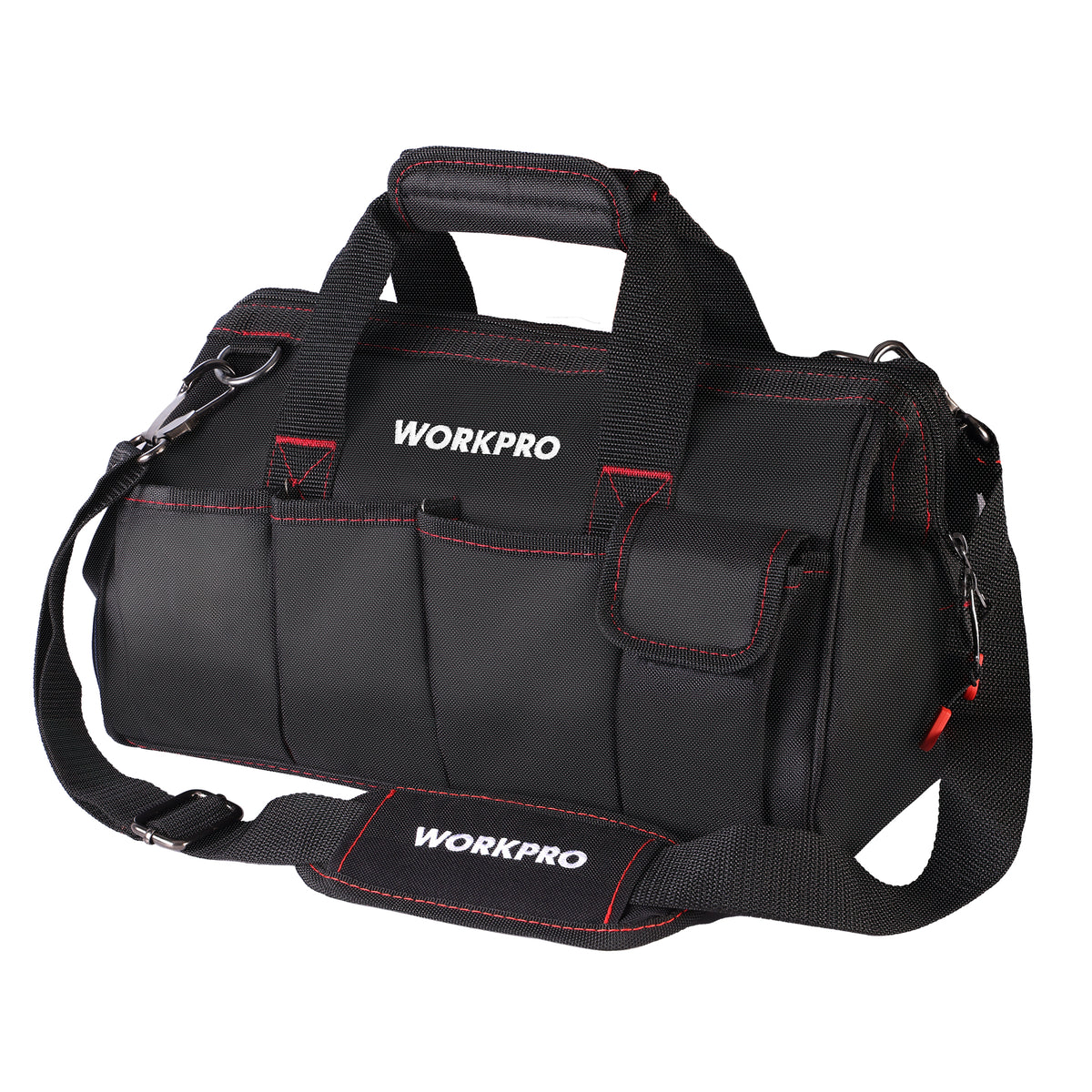 Workpro 14-inch tool bag organizer in black with 500D polyester fabric and a wide-open mouth for access.