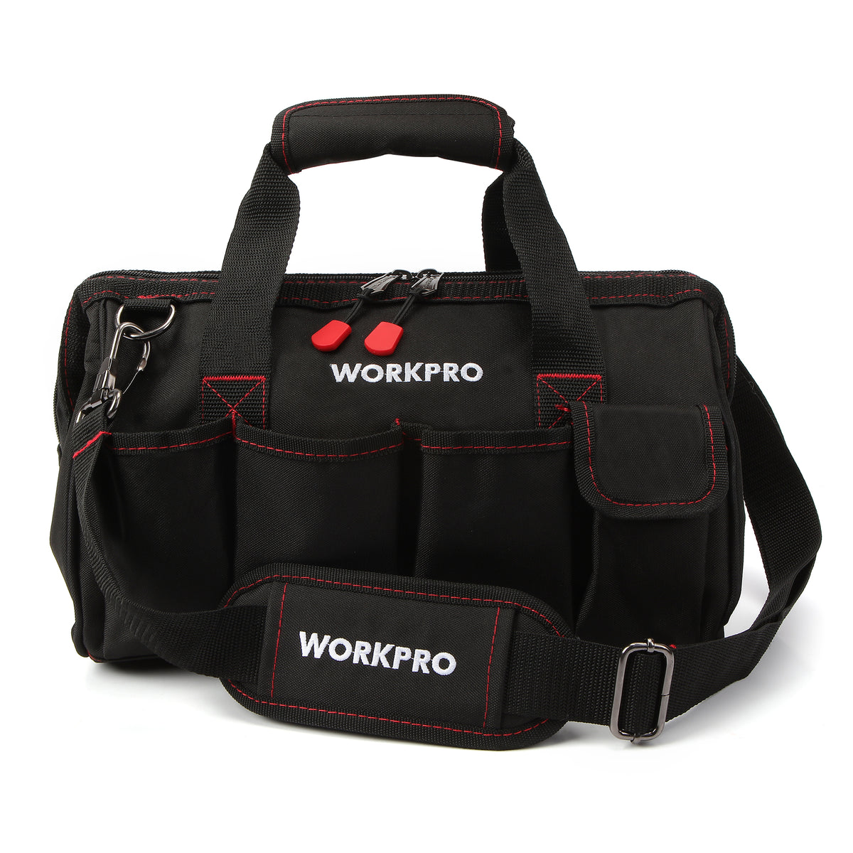 Workpro 14 inch tool bag in black 500D polyester with a wide-open mouth and internal metal frame