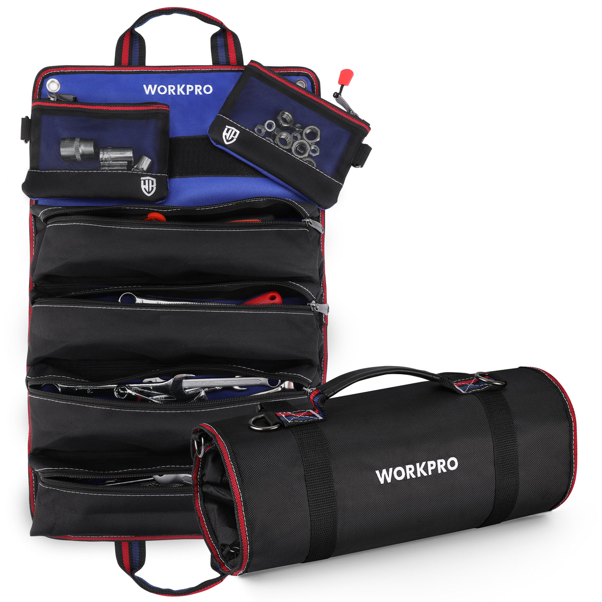 Workpro tool bag with various compartments and tools on a white background