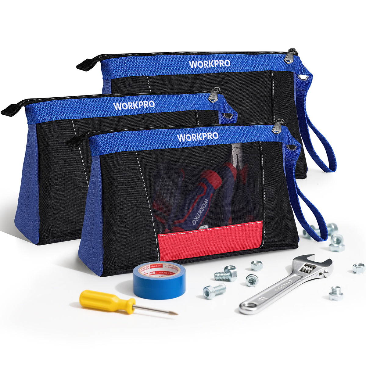 Workpro zippered tool pouches in blue and black with clear mesh construction for easy tool visibility