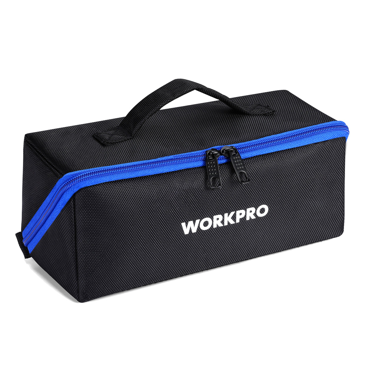 Workpro tool bag with wide mouth opening in black with blue trim and 1680d Oxford fabric exterior.