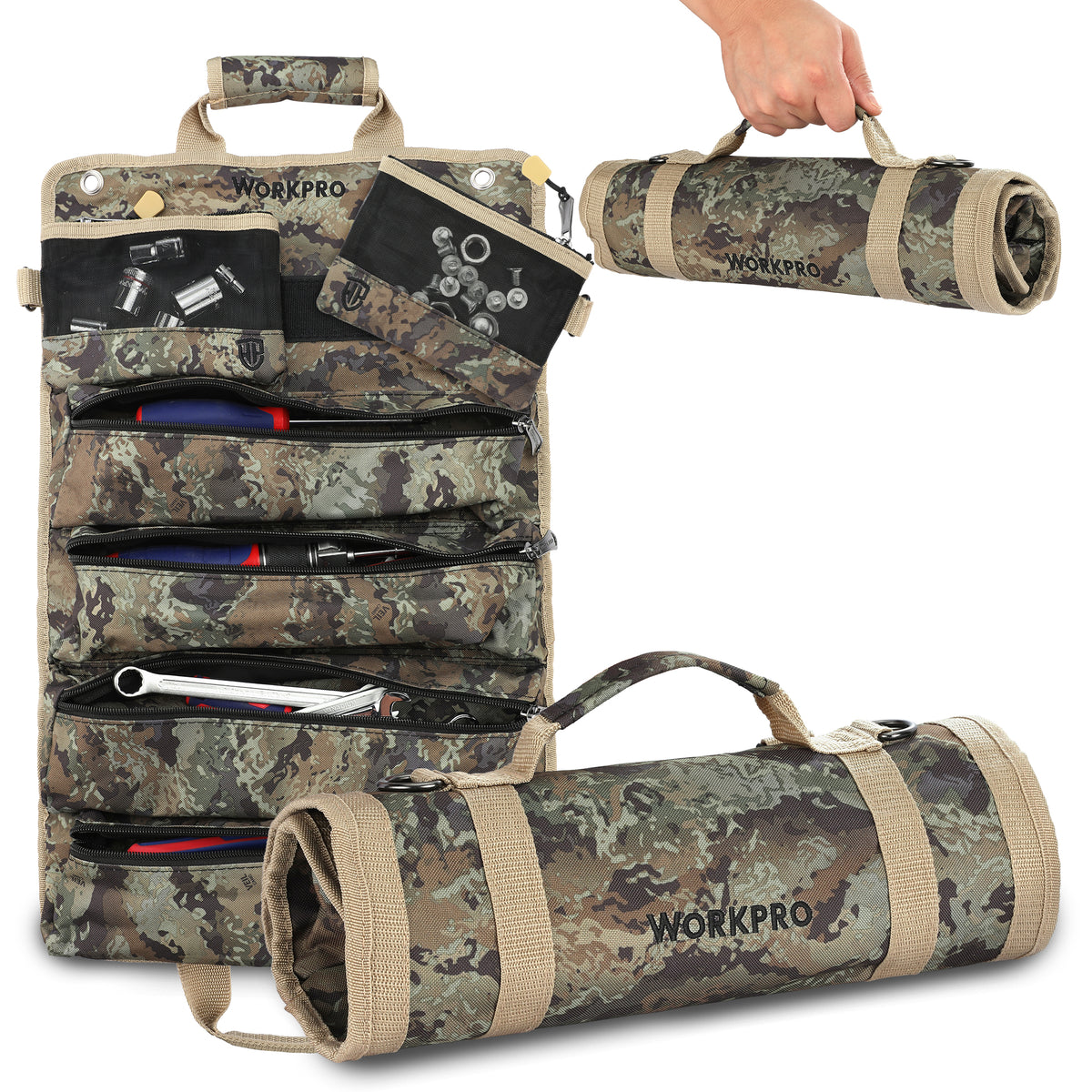 WORKPRO Roll Tool Bag with Detachable Pouches in camo, innovation and secure quality for durable organization