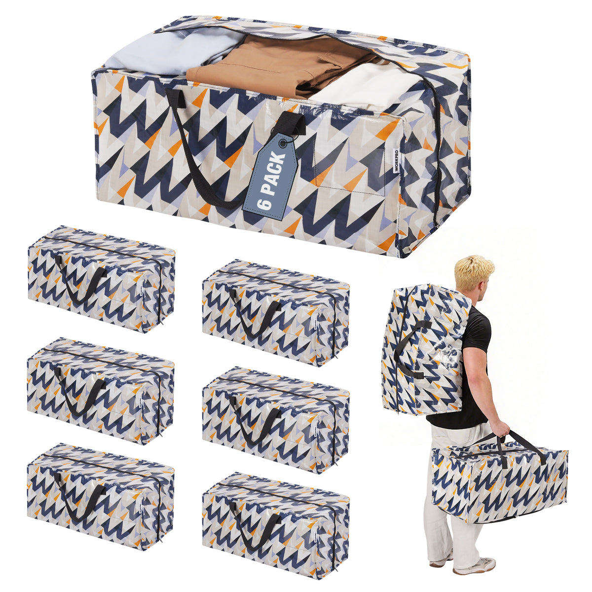 WORKPRO 6 Pack extra large moving bags in navy and orange with zippers, innovation quality and durable secure storage