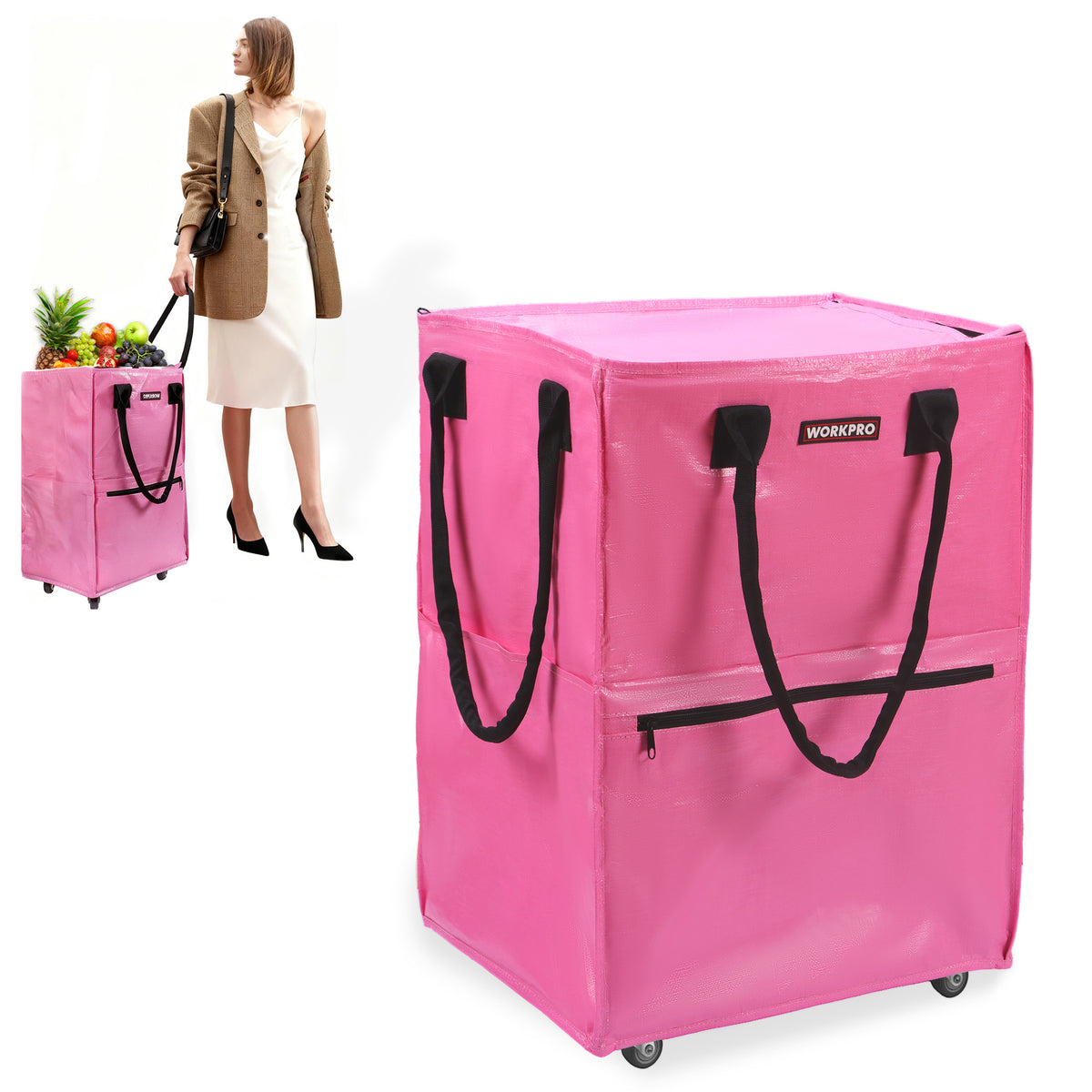 WORKPRO Medium reusable grocery bag on wheels in pink with 4 caster wheels, secure and durable quality