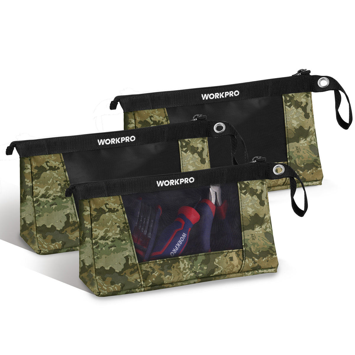 Workpro camouflage tool pouches with three compartments, zipper closures, and heavy-duty fabric construction