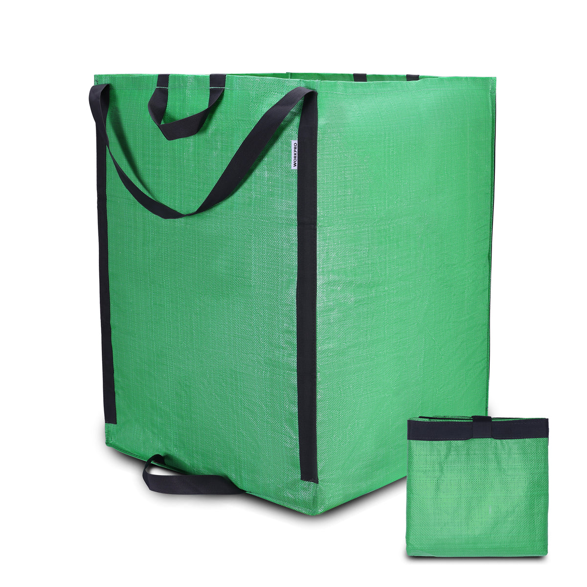 Workpro heavy duty reusable yard waste bags in green with high-density PP woven material for garden debris collection.