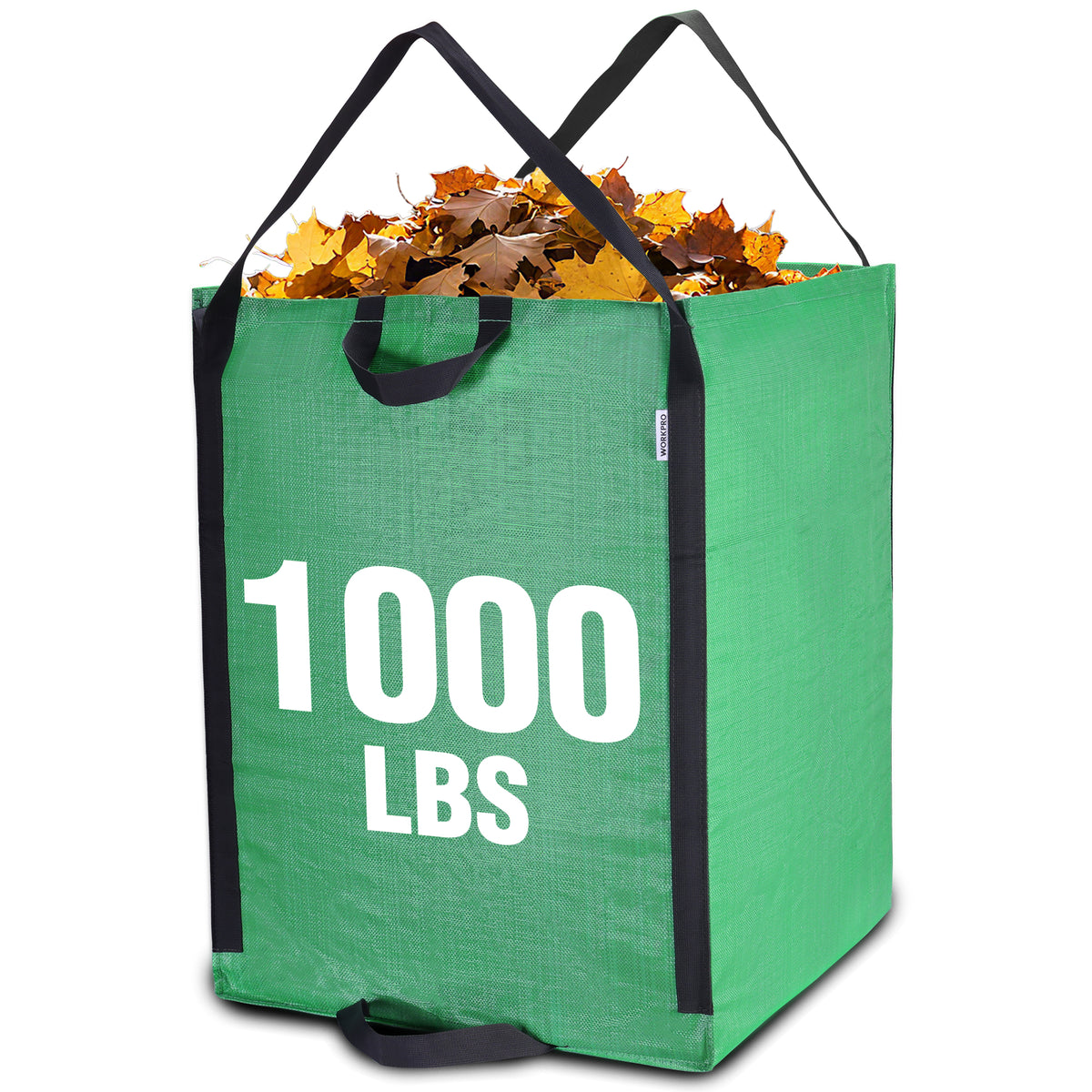 Workpro heavy duty yard waste bags in green with high-density PP woven material and a visible 1000 lb load marking.