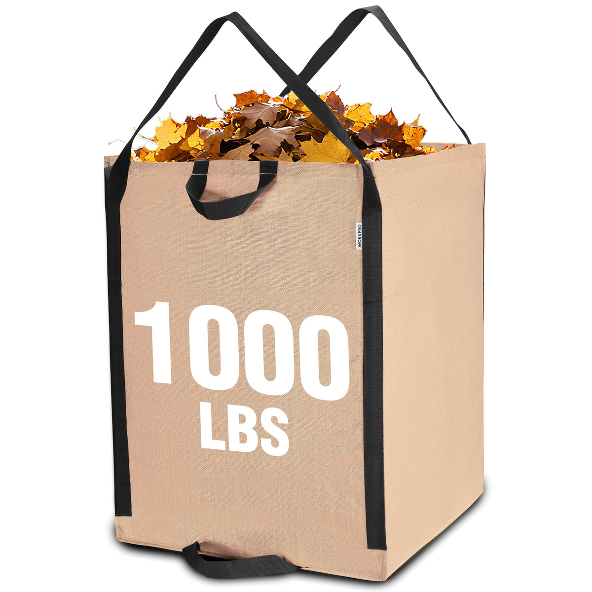 Workpro heavy duty reusable yard waste bag in tan with high density PP woven material and visible leaf debris.