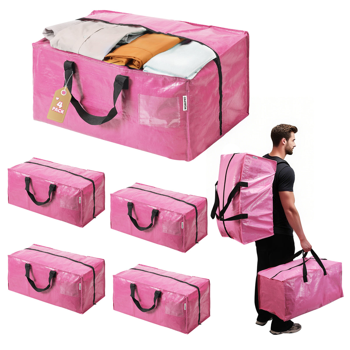WORKPRO 4 Pack Extra Large Moving Bags in pink with innovation quality heavy-duty zipper closure