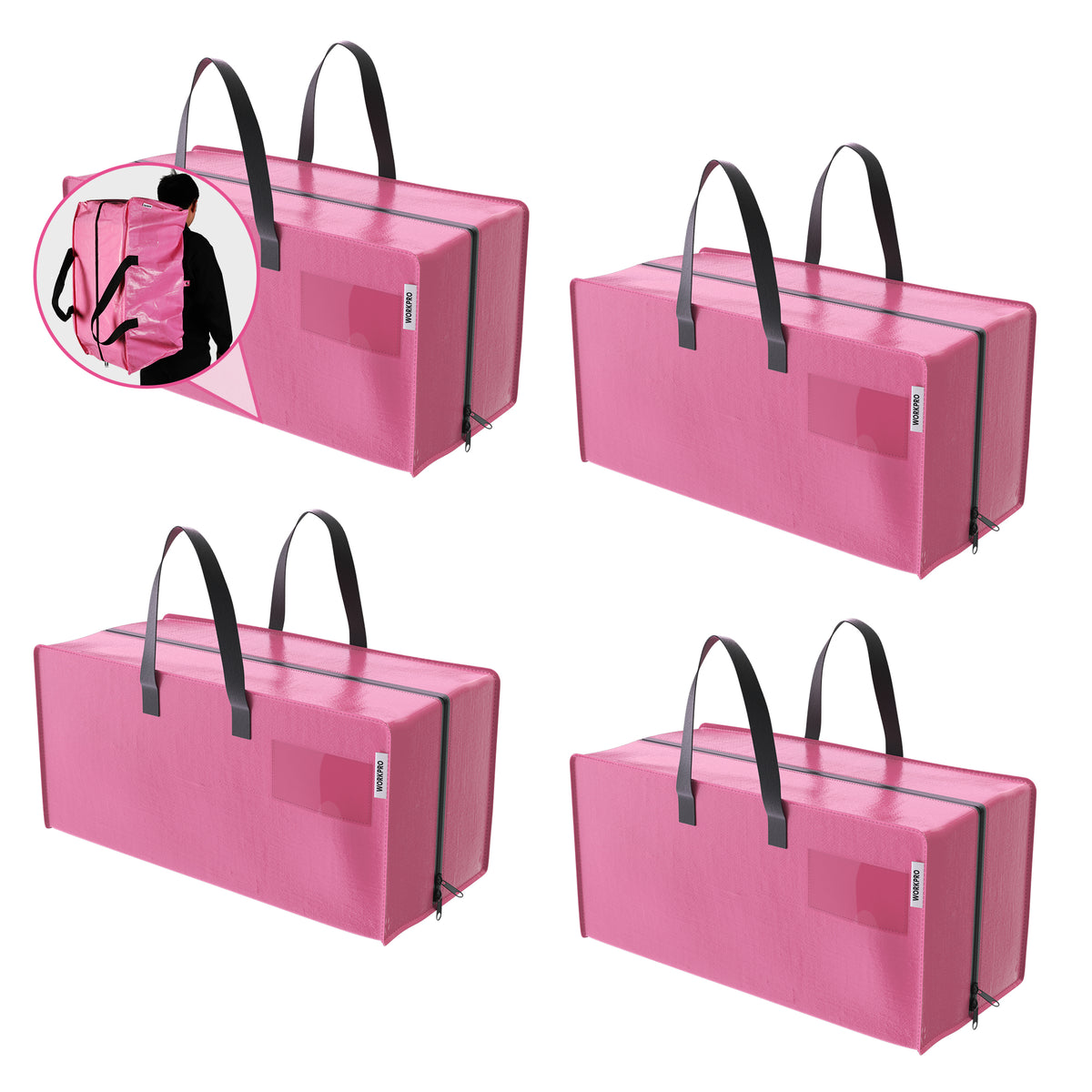 WORKPRO 4 Pack Extra Large Moving Bags in pink with zippers, innovation quality and durable secure storage tote