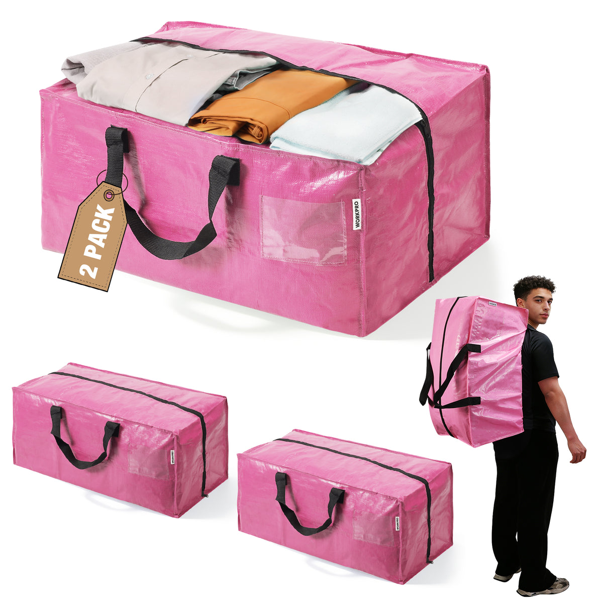 WORKPRO 2 Pack Extra Large Moving Bags in pink with innovation, quality, secure zipper closure and handles