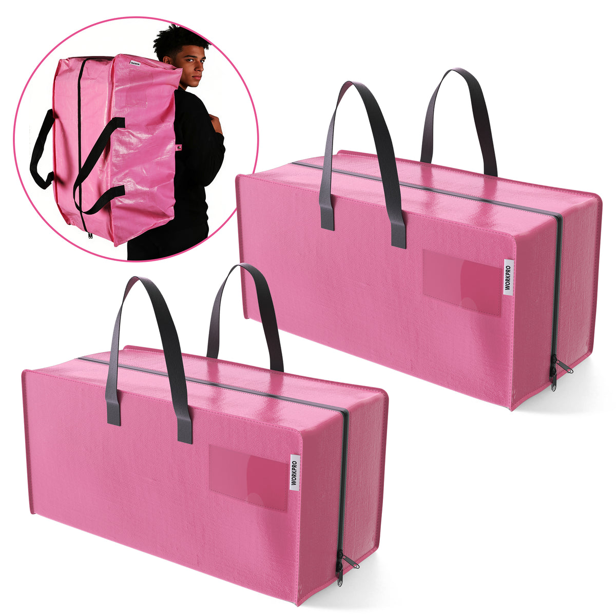 WORKPRO 2 Pack Extra Large Moving Bags with zippers and handles in pink innovation quality high-quality durable secure