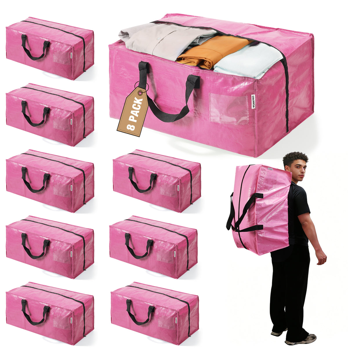 WORKPRO 8 Pack extra large moving bags in pink with innovation, quality, and durable zipper storage tote