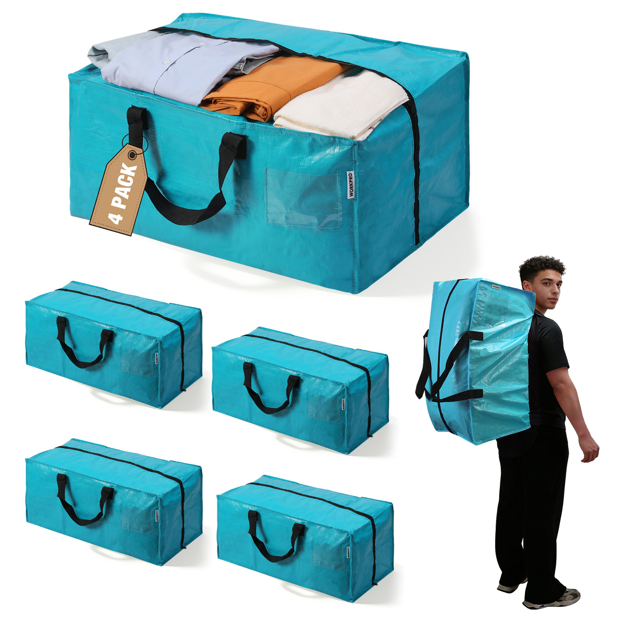 WORKPRO 4 Pack Extra Large Moving Bags with Zippers and Carrying Handles in blue with secure double zipper closure