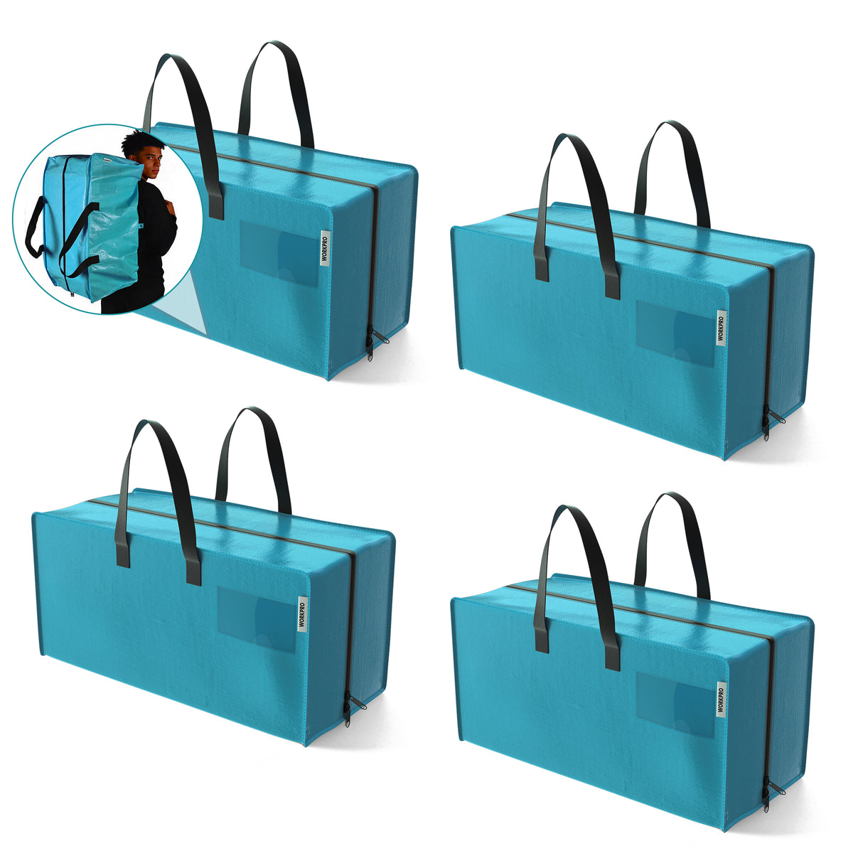WORKPRO 4 Pack Extra Large Moving Bags in blue with zippers and carry handles, secure, durable, convenient