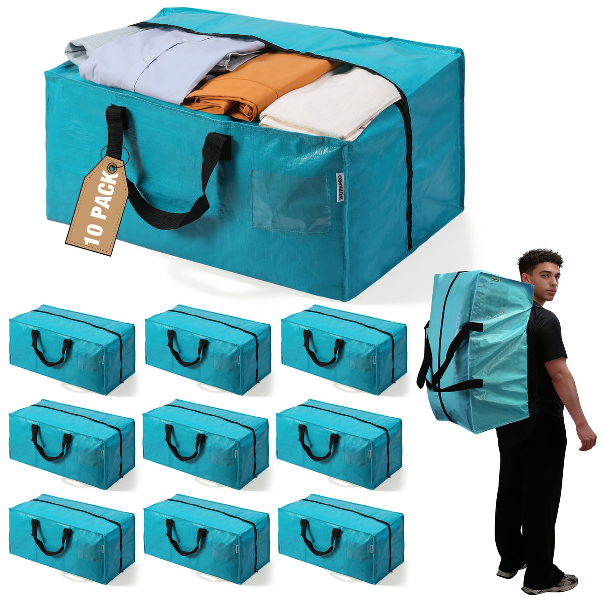 WORKPRO moving and storage tote in blue with zipper closure, innovation quality and durable reinforced stitching