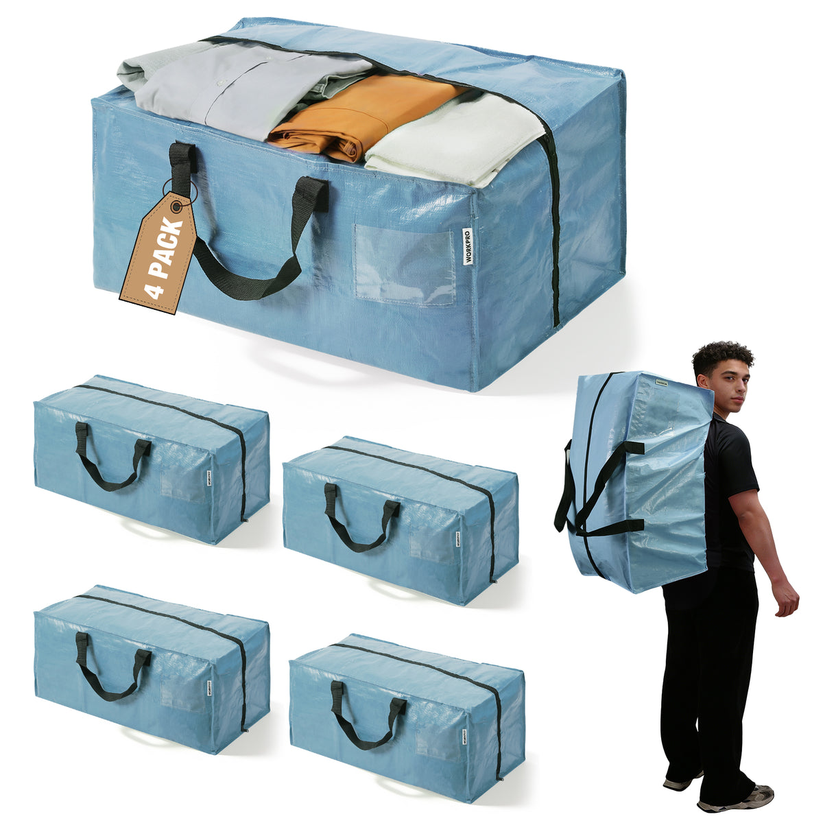WORKPRO 4 Pack moving bags in dusty blue with zipper and carry handles, innovation quality durable secure
