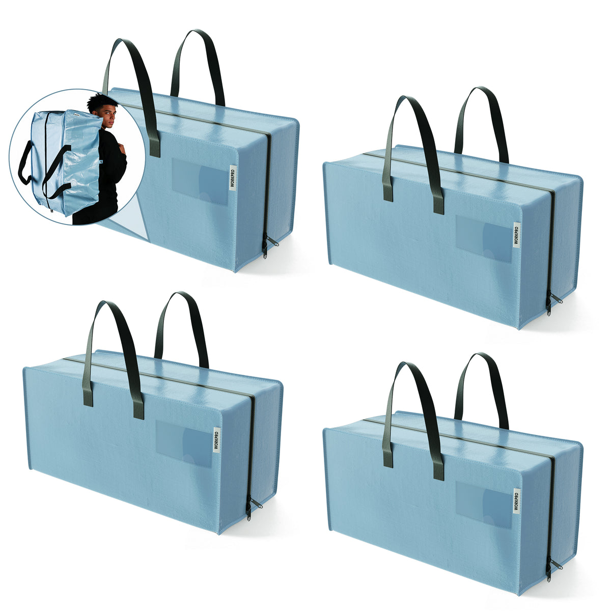 WORKPRO 4 Pack Extra Large Moving Bags in dusty blue with zippers, innovation, quality, secure handles