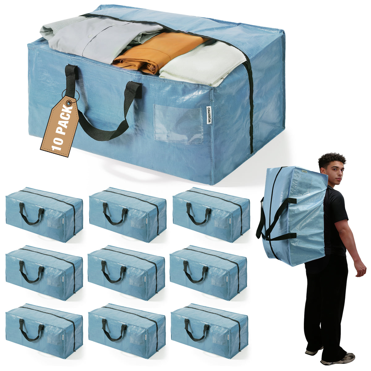 WORKPRO 10 Pack Extra Large Moving Bags in dusty blue with zippers and carry handles, innovation quality