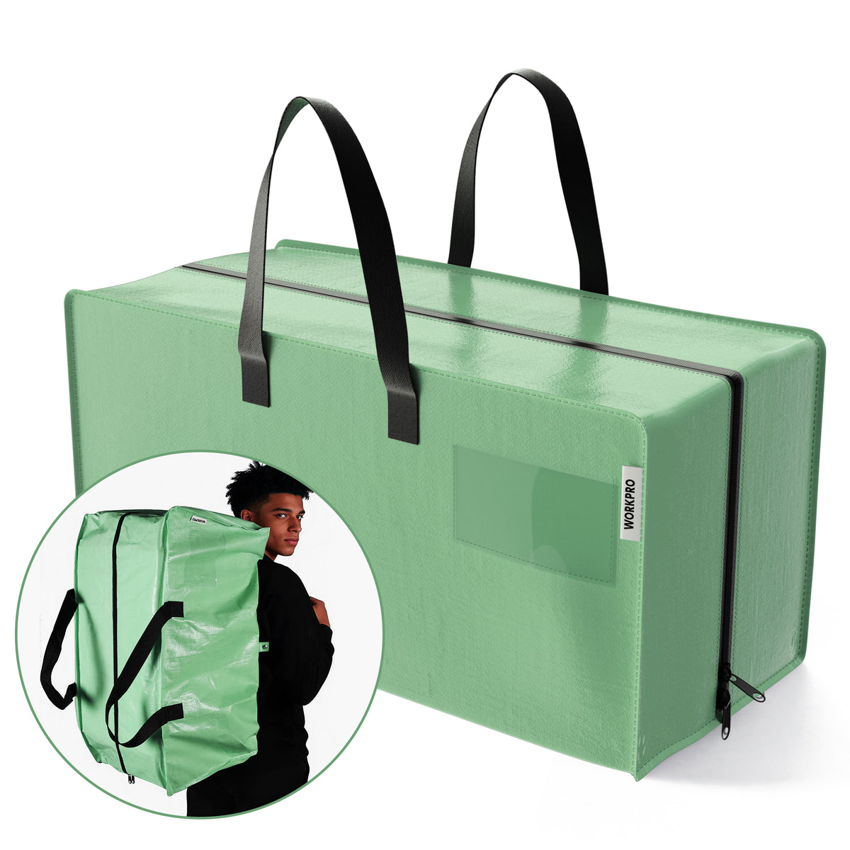 WORKPRO 1 Pack Extra Large Moving Bags in green with zippers and carry handles, innovation quality