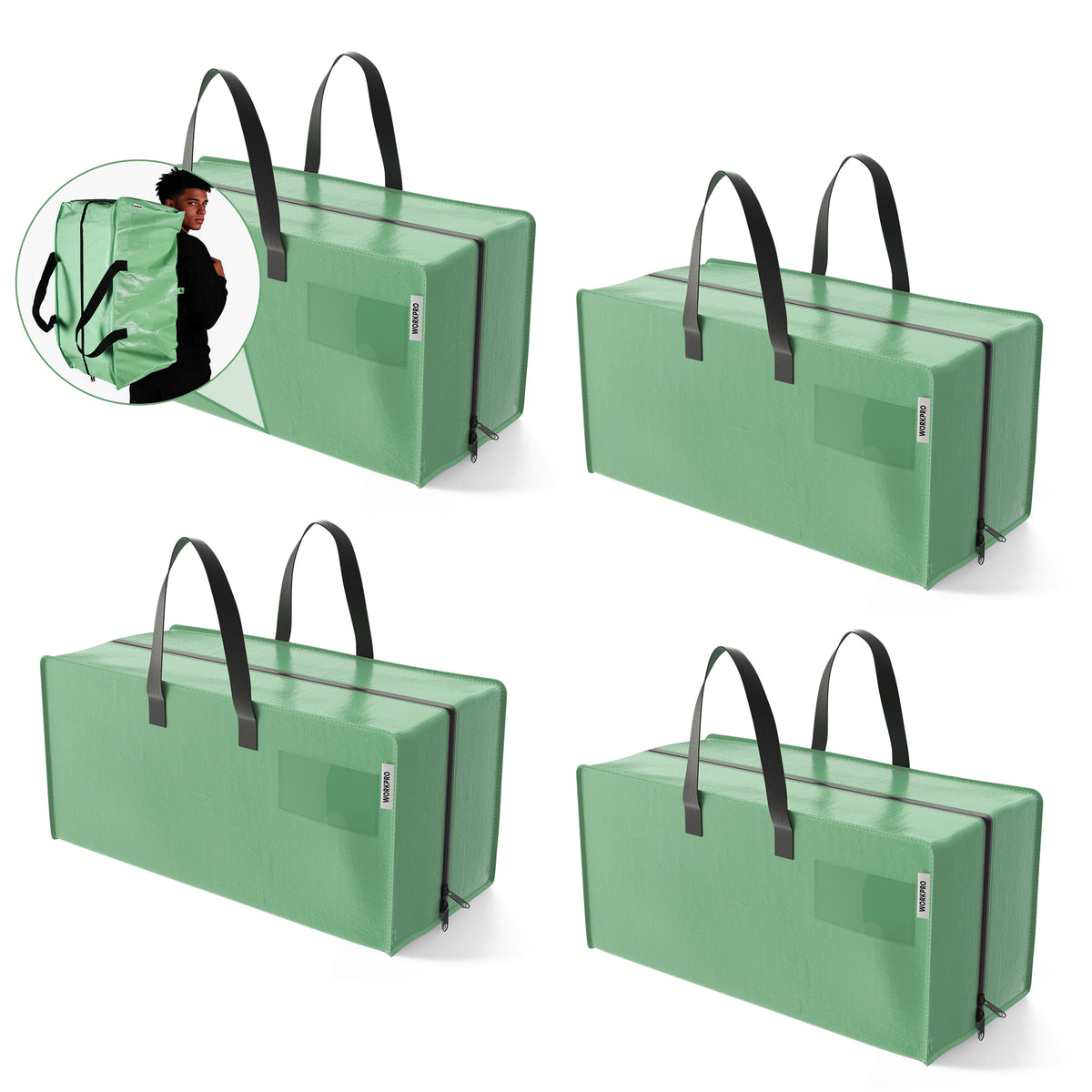 WORKPRO 4 Pack Extra Large Moving Bags in green with zippers and carry handles, innovation quality durable secure