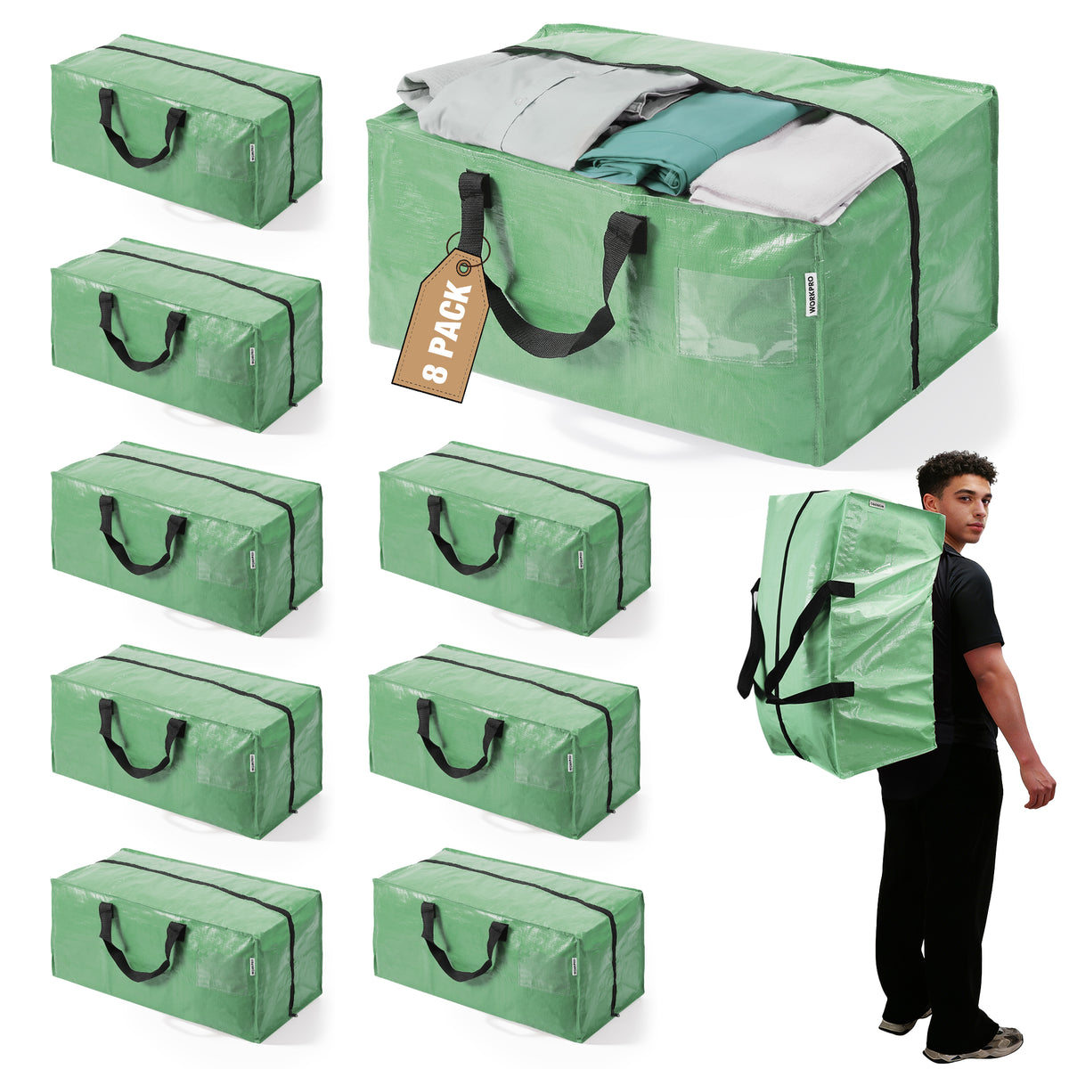WORKPRO 8 Pack extra large moving bags in green with zipper and carry handles, innovation quality