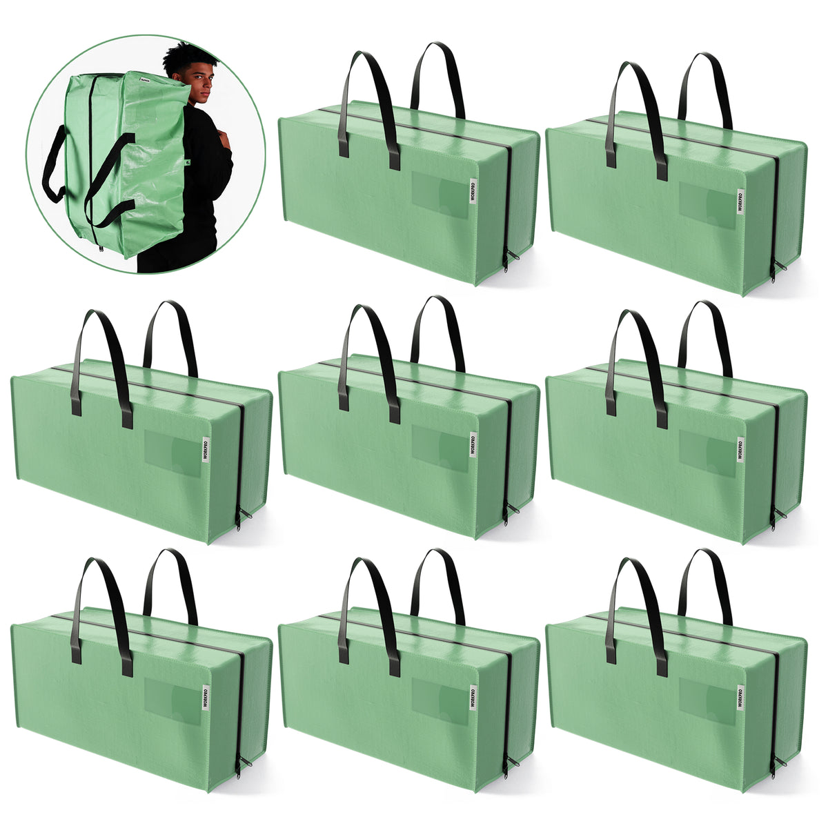 WORKPRO 8 Pack Extra Large Moving Bags in green with zipper and carry handles, durable quality innovation